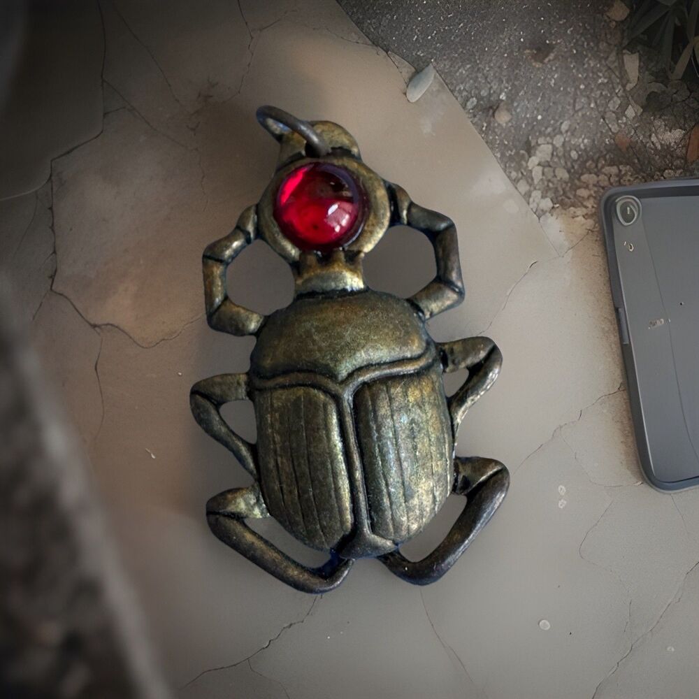 Scarab Beetle Pendant Charm Bronze Egyptian Revival Red Glass Stone 2001